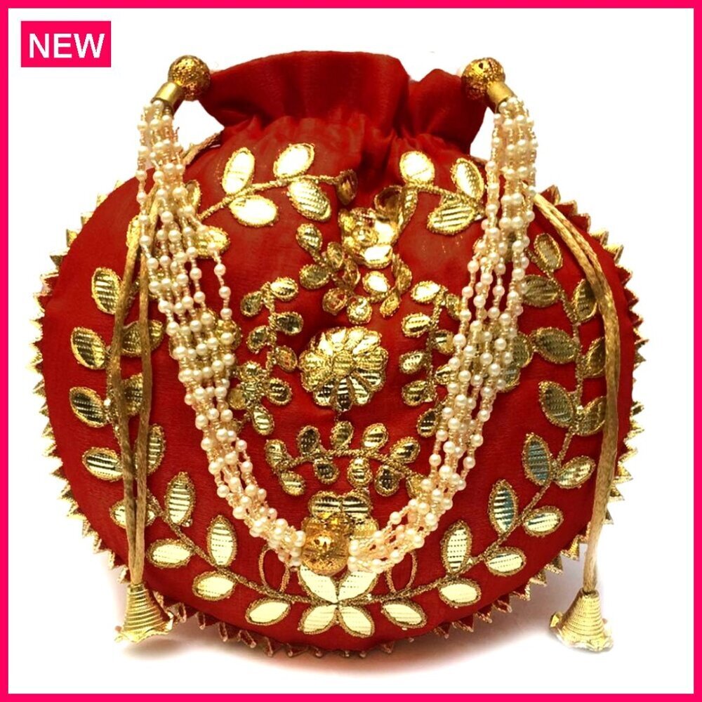 Embroidered Silk Potli Bag with Pearl Handle for Wedding Party